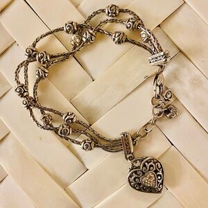 Brighton Silver Plated Heart Triple Strand Charm Bracelet Clear Crystals w Pouch